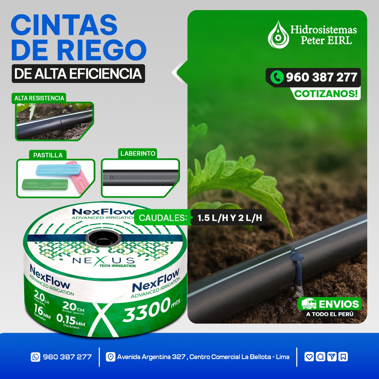 Cinta de riego NexFlow de alta eficiencia, rollo de 3300 metros